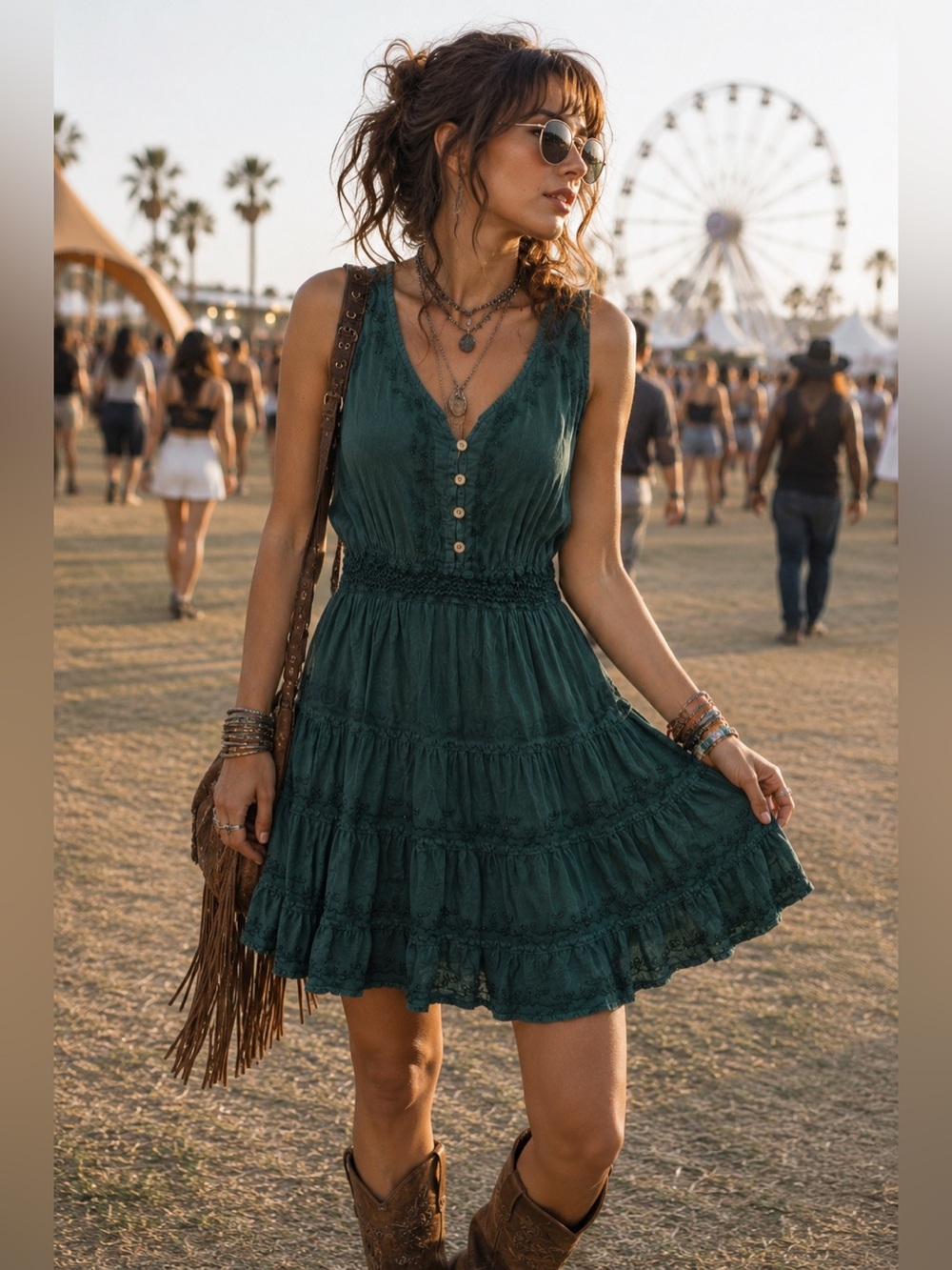 Braja Green Tiered Mini Dress Embroidered Festival Free Size cottagecore Boho